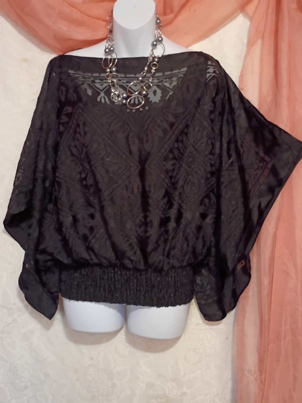 Max Studio Ladies Black Satin Batwing Top with Smocked Waist Sz XL